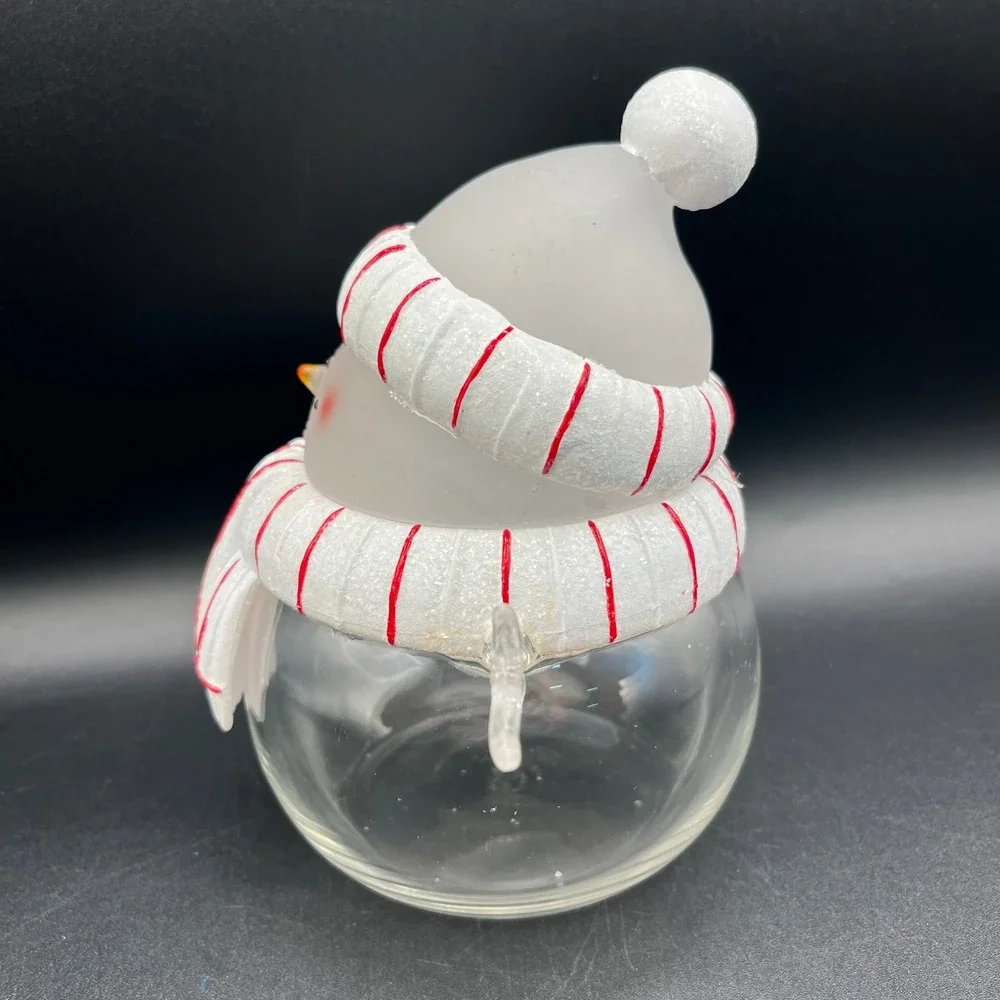 Snowman Glass Candy Jar Frosted Lid White Striped Christmas 5.75